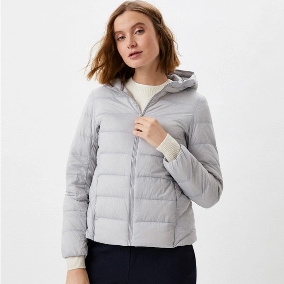 Ultra Light Down Seamless Parka Jacket Light Gray Silver Hooded Zipped Pockets S - Picture 14 of 16